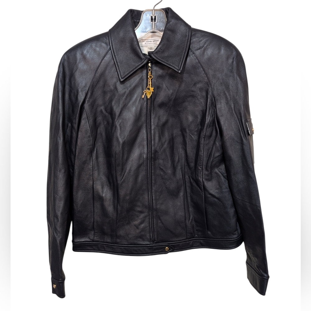 St. John Sport Women's Navy Blue Leather Zip Up Jacket With Pull Charm Size S